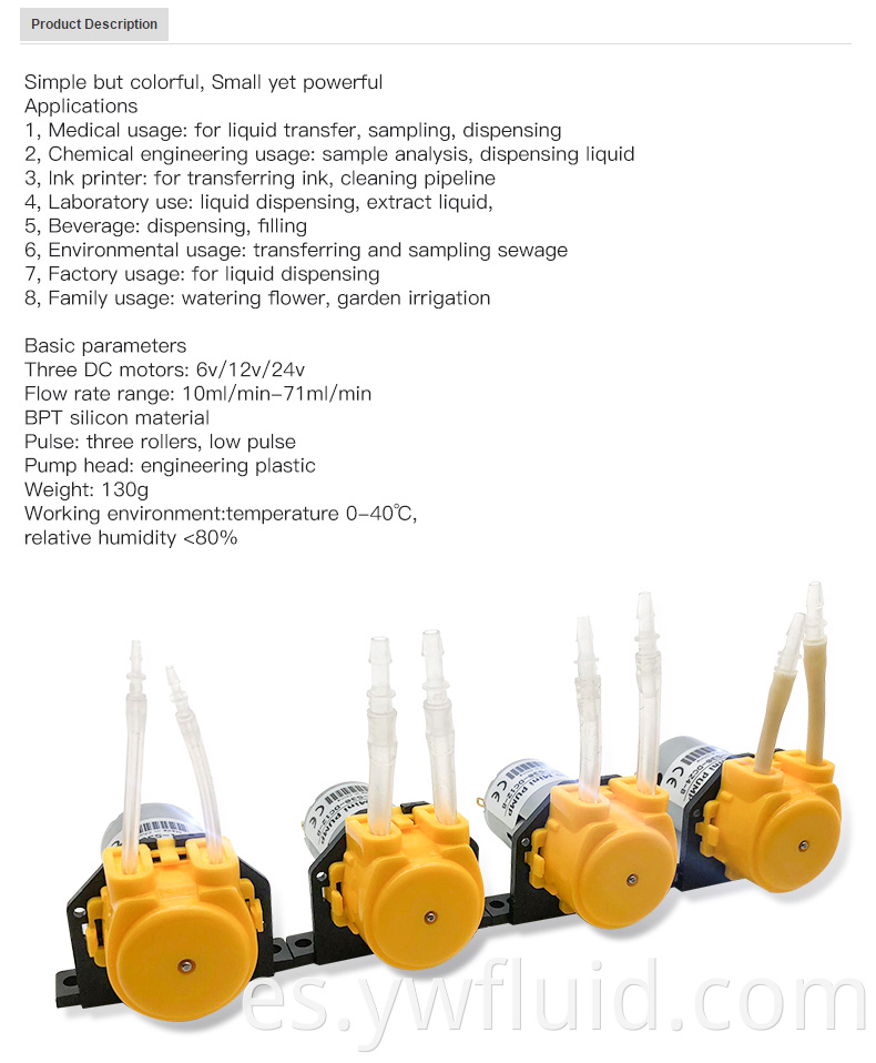 Tapa de bomba peristáltica micro YWfluid con motor de 12 v CC caudal máximo 130 ml / min utilizado para transporte de líquidos